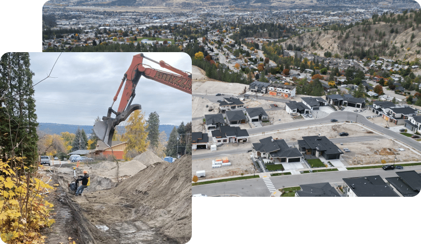 A crane operates on a mountain construction site, with a house being built amidst the rugged landscape